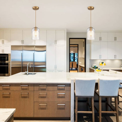 Modern Brass Mini Pendant Light Double Bell Glass Shade